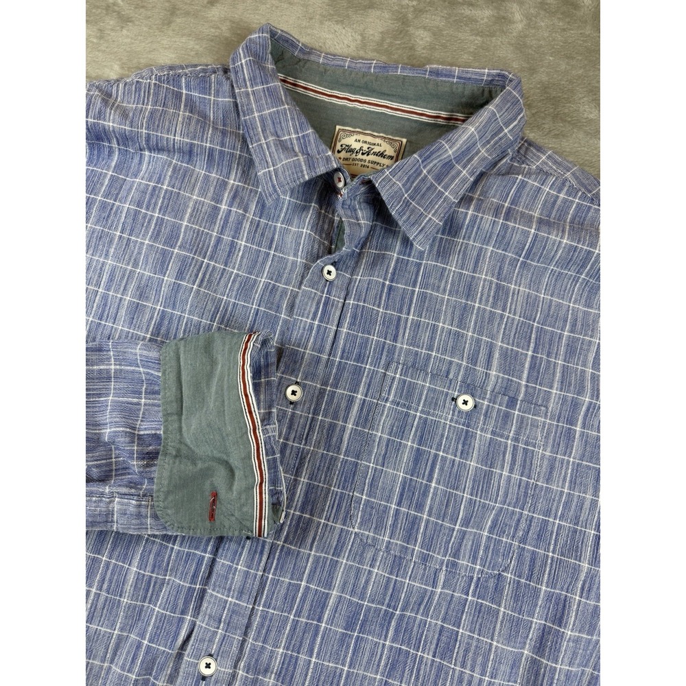 Flag & Anthem Shirt Men's XXL Blue Windowpane Plaid Button up long sleeve‎